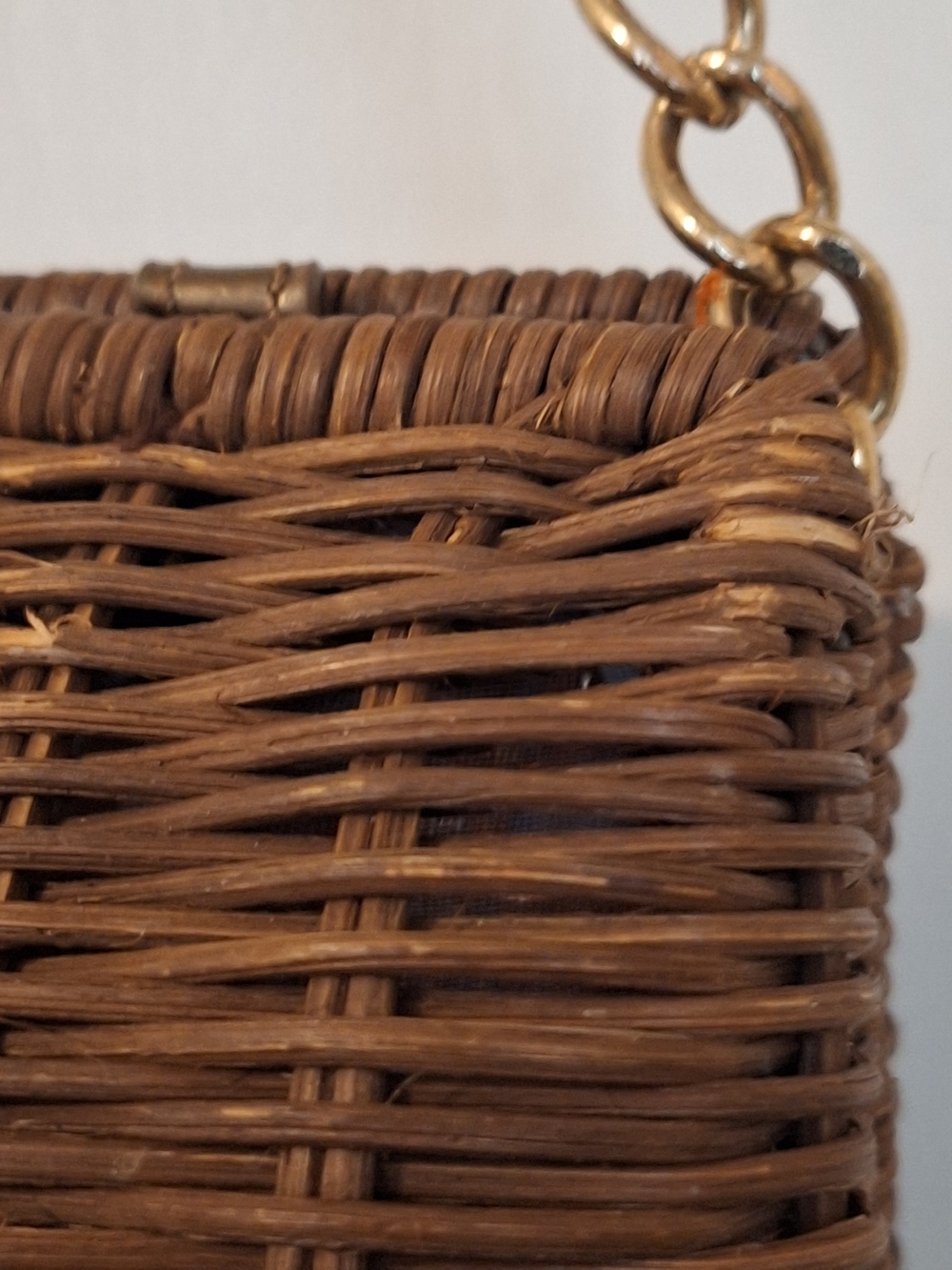 Woven Brown Mini Barrel Bag with Gold Chain Strap - Picture 3 of 5